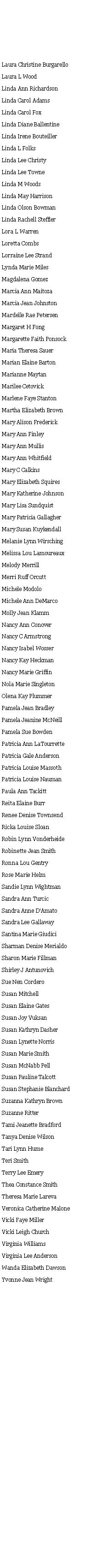 Text Box: Laura Christine BurgarelloLaura L WoodLinda Ann RichardsonLinda Carol AdamsLinda Carol FoxLinda Diane BallentineLinda Irene BouteillerLinda L FolksLinda Lee ChristyLinda Lee TowneLinda M WoodsLinda May HarrisonLinda Olson BowmanLinda Rachell StefflerLora L WarrenLoretta CombsLorraine Lee StrandLynda Marie MilesMagdalena GomezMarcia Ann MaitozaMarcia Jean JohnstonMardelle Rae PetersenMargaret H FongMargarette Faith PonsockMaria Theresa SauerMarian Elaine BartonMarianne MaytanMarilee CetovickMarlene Faye StantonMartha Elizabeth BrownMary Alison FrederickMary Ann FinleyMary Ann MullisMary Ann WhitfieldMary C CalkinsMary Elizabeth SquiresMary Katherine JohnsonMary Lisa SundquistMary Patricia GallagherMary Susan KuykendallMelanie Lynn WirschingMelissa Lou LamoureauxMelody MerrillMerri Ruff OrcuttMichele ModoloMichele Ann DeMarcoMolly Jean KlammNancy Ann ConoverNancy C ArmstrongNancy Isabel WosserNancy Kay HeckmanNancy Marie GriffinNola Marie SingletonOlena Kay PlummerPamela Jean BradleyPamela Jeanine McNeillPamela Sue BowdenPatricia Ann LaTourrettePatricia Gale AndersonPatricia Louise MassothPatricia Louise NaumanPaula Ann TackittReita Elaine BurrRenee Denise TownsendRicka Louise SloanRobin Lynn VonderheideRobinette Jean SmithRonna Lou GentryRose Marie HelmSandie Lynn WightmanSandra Ann TurcicSandra Anne D'AmatoSandra Lee GallawaySantina Marie GiudiciSharman Denise MerialdoSharon Marie FillmanShirley J AntunovichSue Nen CorderoSusan MitchellSusan Elaine GatesSusan Joy VuksanSusan Kathryn DasherSusan Lynette NorrisSusan Marie SmithSusan McNabb PellSusan Pauline TalcottSusan Stephanie BlanchardSuzanna Kathryn BrownSuzanne RitterTami Jeanette BradfordTanya Denise WilsonTari Lynn HumeTeri SmithTerry Lee EmeryThea Constance SmithTheresa Marie LarevaVeronica Catherine MaloneVicki Faye MillerVicki Leigh ChurchVirginia WilliamsVirginia Lee AndersonWanda Elizabeth DawsonYvonne Jean Wright 